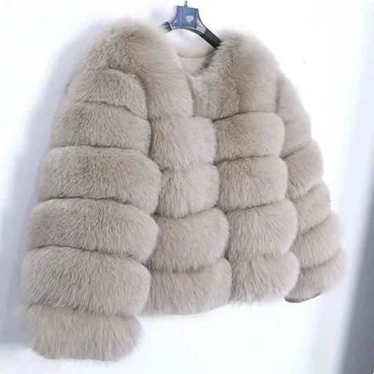in Stock Female Coat Man-Made Artificial Rabbit Fur Full-Length Woolen Jacket with Short Sleeves Dyed Print Pattern
