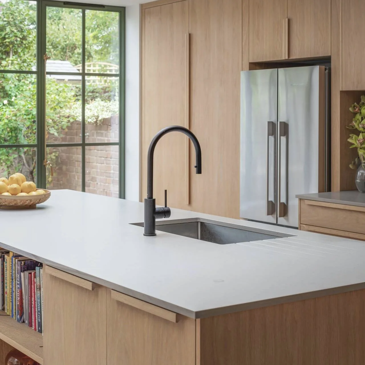 Contemporary Kitchen Storage Cabinets Modern Light Oak Wood Kitchen Island with Built-In Sink & Refrigerator MDF Panel