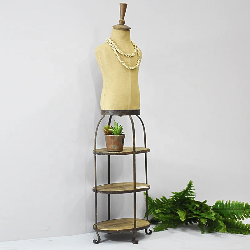 Luckywind Vintage Rustic Body Form Mannequin With 3 Tired Wooden Shelf