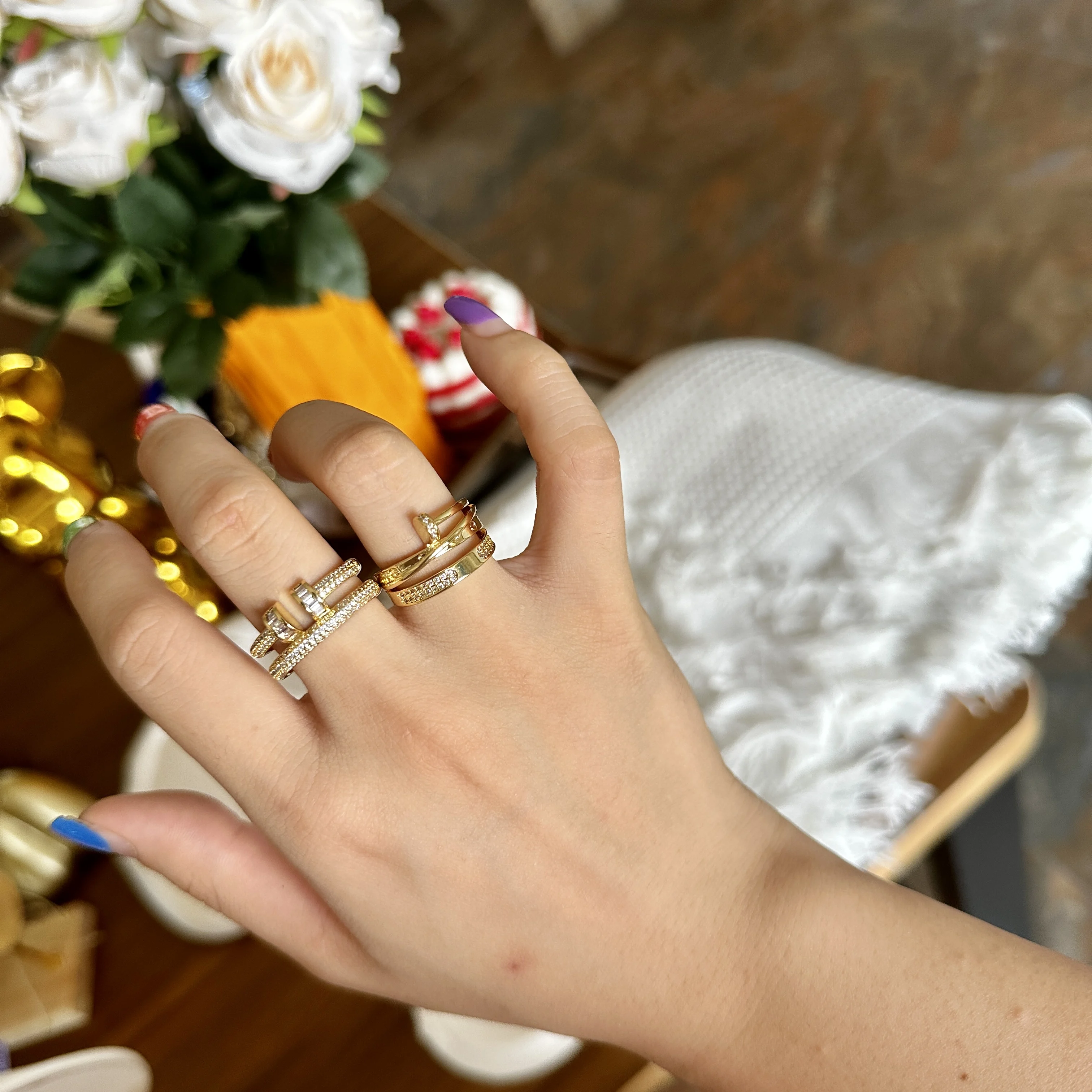 fashion new design Wound rivet geometry full zircon diamond ring copper with 18k gold plated jewelry rings for women