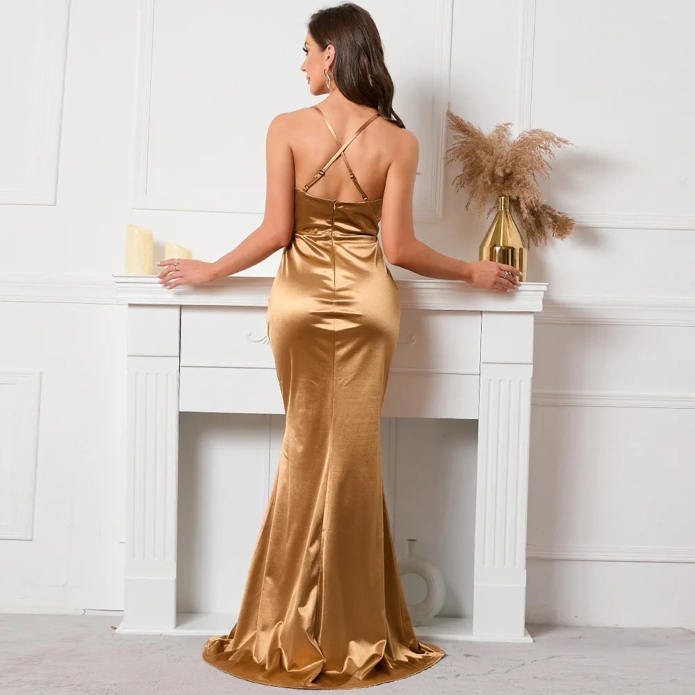 ZIYA A07S165 Sexy Strap Fish Tail Open Back Sleeveless Gold Long Cocktail Dresses