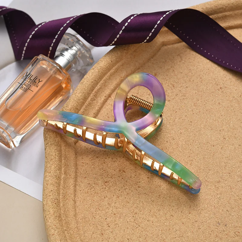 women 11.5cm large Tortoise Shell Hair claws Crab Leopard big hair claw clip hollow jumbo metal acetate hair clip for girl