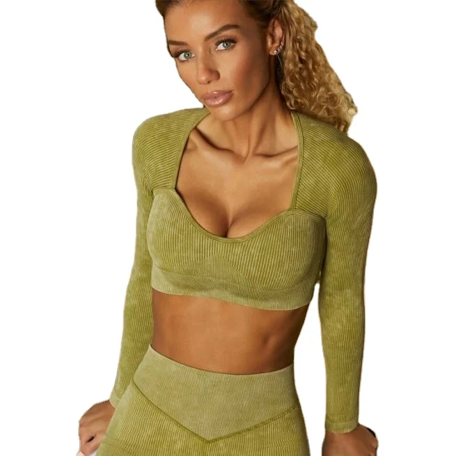 2022 Hot Selling Ribbed Seamless Long Sleeve Yoga Top Leggings Set Workout Running Sport Wear 6Pcs Set