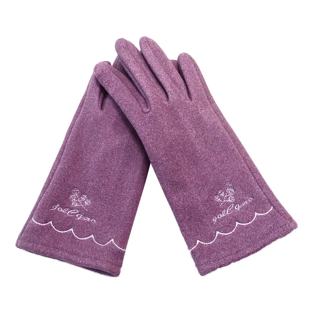 Women Fashion Rabbit Wool Pink   Embroidered Thicker Touching Warm Velvet Gloves