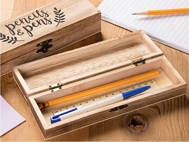Wooden Pencil Case 2-Pack Wood Pen Pencil Box Rustic Desk Organizer Hinged Lid with Clasp Closure