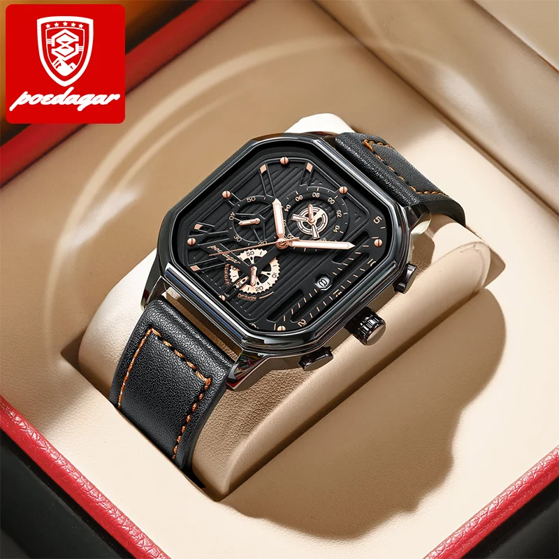 Top Luxury Brand Quartz Men Wristwatch Waterproof Chronograph Leather Band Fashion Men Dual Time Watch Men Wrist  Poedagar 628