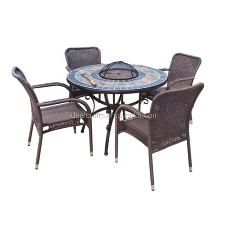
Outdoor garden patio Mosaic fire pit table set with rattan chair dining tabletop fire pit 