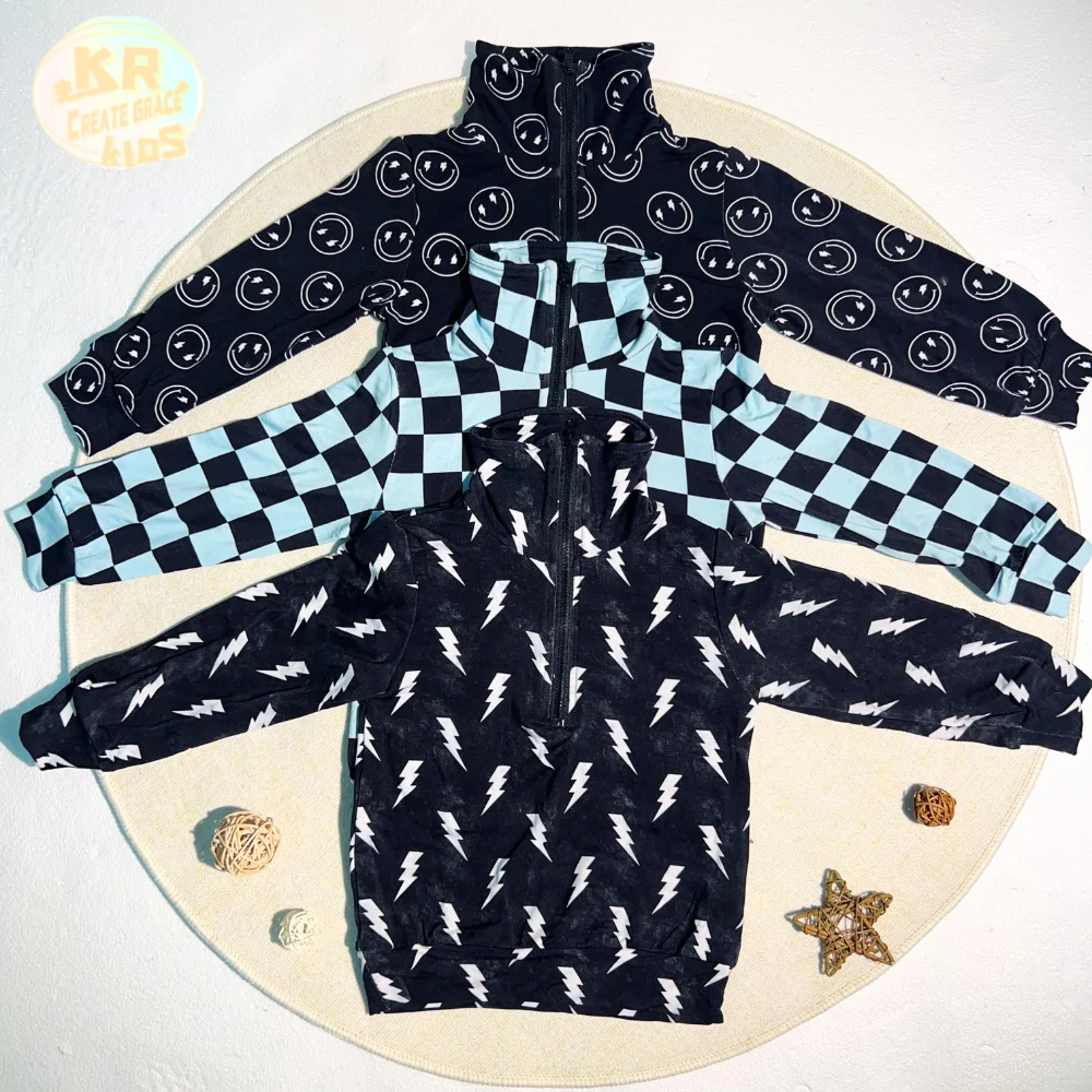 KERUI Custom Pattern Lightning/Smile/Checkered Unisex Bamboo Terry Kids Girls Boys Fashion Kids Quilted Toddler Zip Up Hoodie