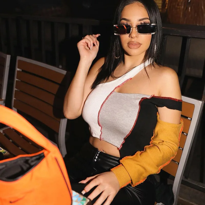 One Shoulder Long Sleeve Patchwork Punk T-Shirt Women 2021 New Arrival Sexy Streetwear Female Casual Clothing Girls Crop Top Tee