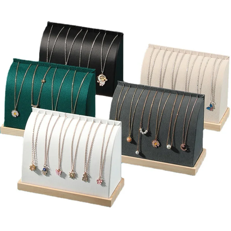 Arc-shape Jewellery Necklace Display White Pu Leather Bracelet Wooden Base Stand Cambered Pendant Chain Holder Display