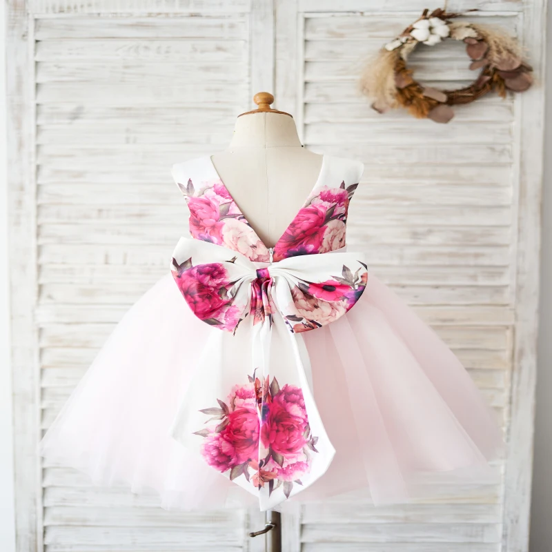 Printed Satin Pink Tulle V Back Wedding Flower Girl Dress Kids Party Dress