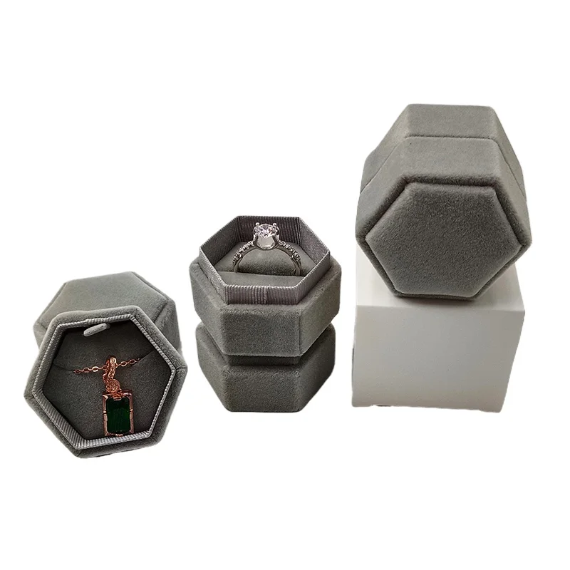 Recyclable High End Hexagon Rigid Gift Packaging Custom Velvet Engagement Ring Box For Valentines Day
