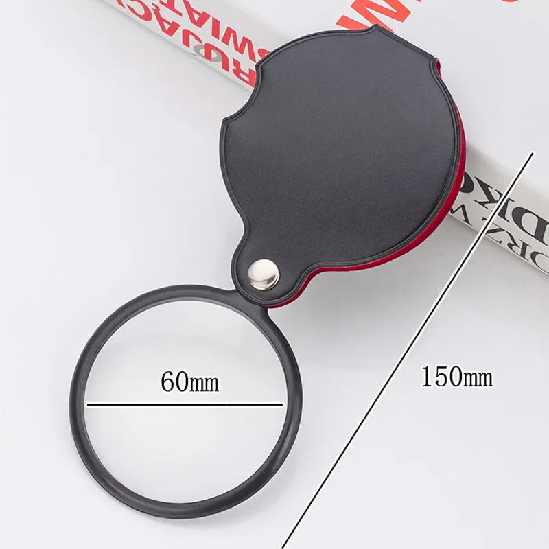 Large Plastic 50MM Portable magnifying glass with light Tempered Glass Artificial Leather Handheld Foldable magnifying glass