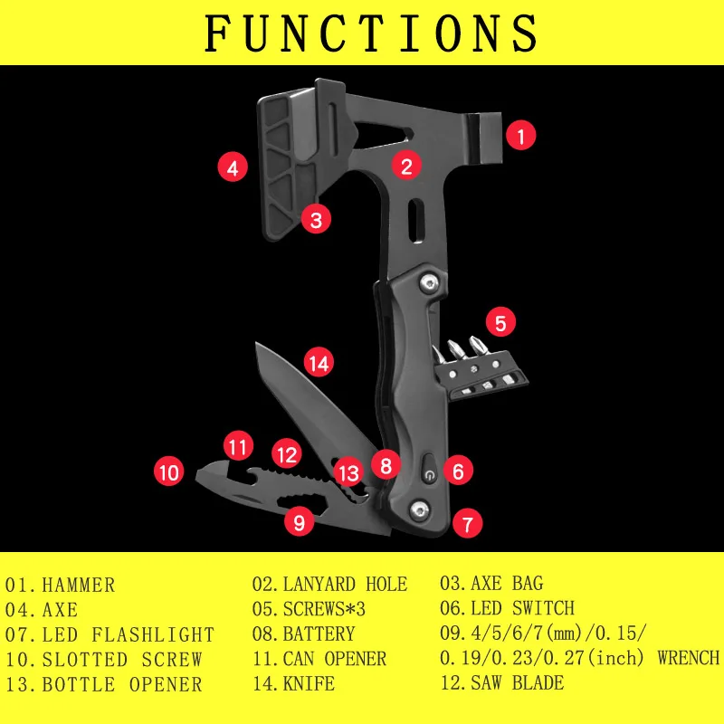 Amazon Hot Selling Stainless Steel Tomahawks Hammer Knife Pliers Screwdriver Set With LED lights Tomahawks Hammer