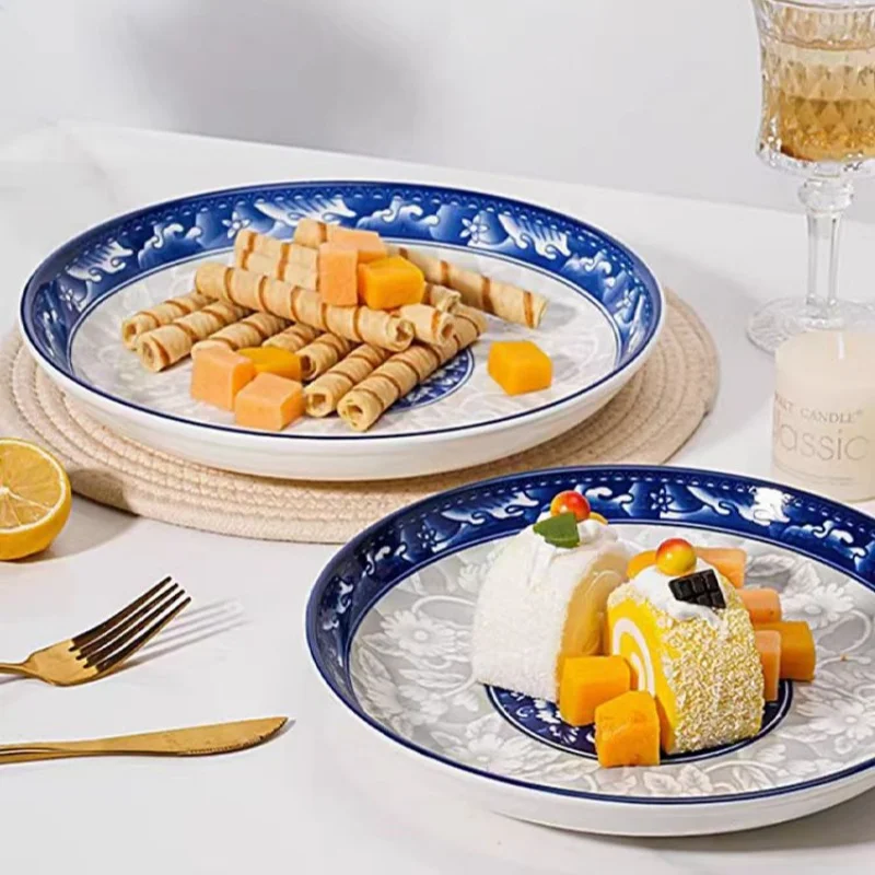 National Style Blue And White Series 9-inch Creative Home Ceramic Dining Plate, Fruit And Vegetable Plate, Blue And White Plate
