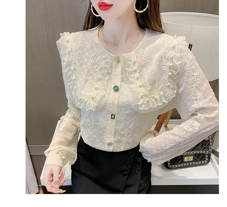 Fall 2021 Lace Pearl Lace Blouse Long sleeve Blouse for women