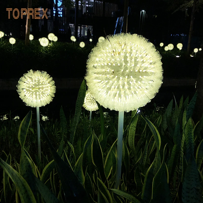 outdoor yard art metal frame fibre optic led lighted dandelion flowers light