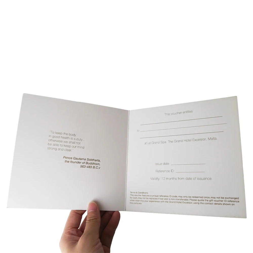 Eco friendly white hotel spa card offset printing OEM 10000 MOQ folding hotel advertising pamplet