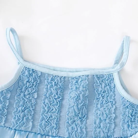 Wholesale kids girls blue straps dresses linen cotton ruffles chest layers skirt dresses baby girls boutique dresses