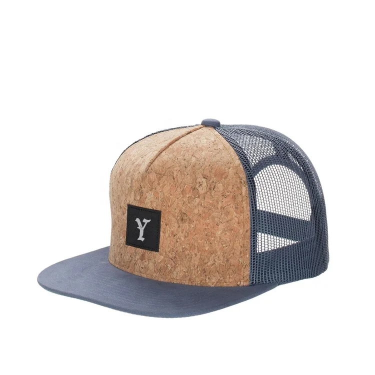 wholesale 5 panel custom cork snapback hat cap mesh trcuker hat with woven label