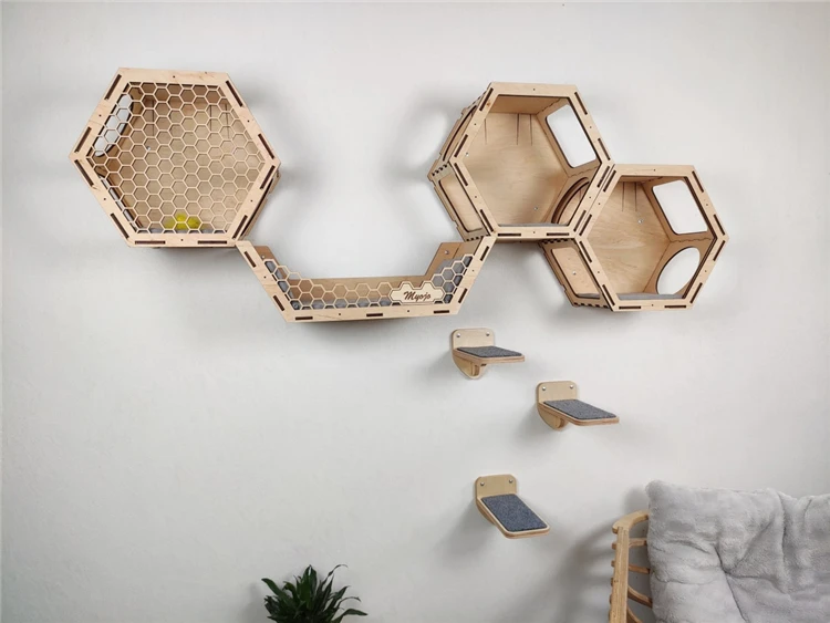 Hot Sale Durable Practical Solid Wood Hexagon Shelves Cat Tree Modern Cat Wall Furniture Cat Climbing Wall