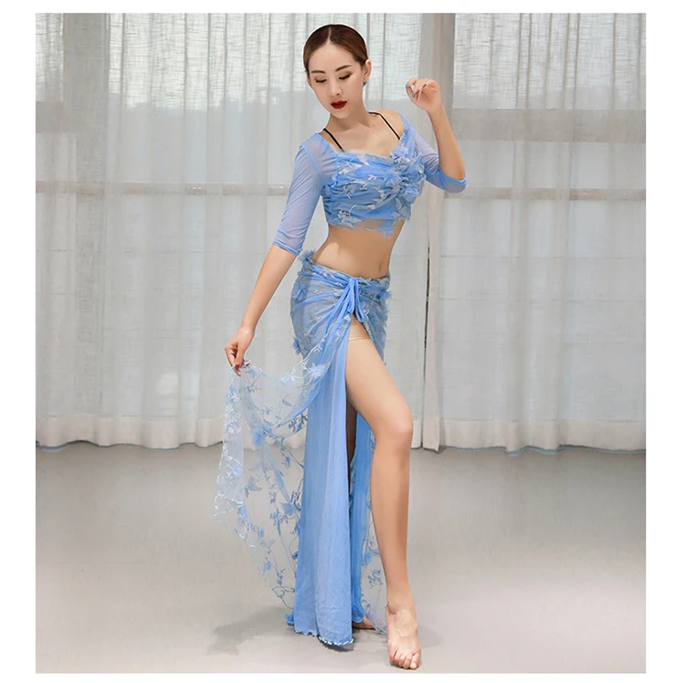 QC3098  Wuchieal New Design Belly Dance Wear with Middle Sleeve Top and Long Skirt with High Slit