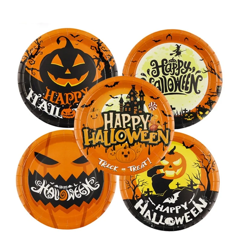 Factory Price 9inches Disposable Halloween Pumpkin Paper Dishes Plates Tableware Halloween Party Supplies Decor Paper Cake Plate