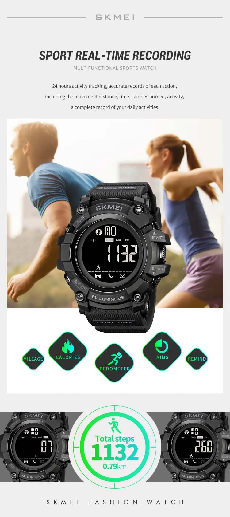 SKMEI 2053 fashion super black mens smart watch latest Silicone band bluetooth step counting running sports watch supplier