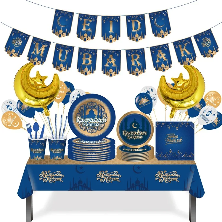 Islamic Gold Blue Party Tableware Kit Eid Mubarak Paper Cup Plate Napkin for Muslim Party Serving Decoration