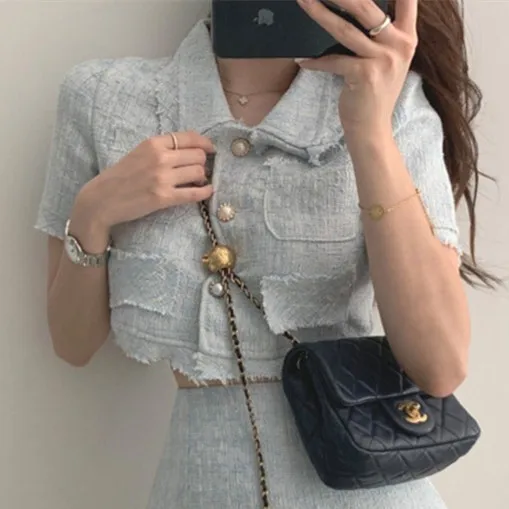 Korean Skirt Suit O-neck Puff Sleeve Shirt Coat Slim Bodycon Mini Skirts Set Korean Temperament Tweed 2 Piece Set Women