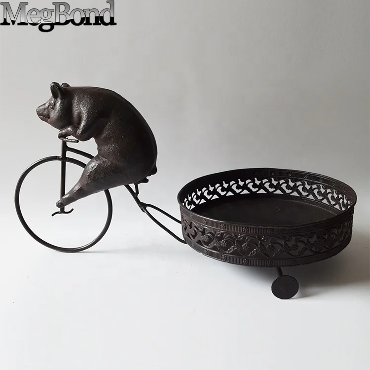 Metal pig on bicycle planter holder, Cast iron decorative flower pot stand