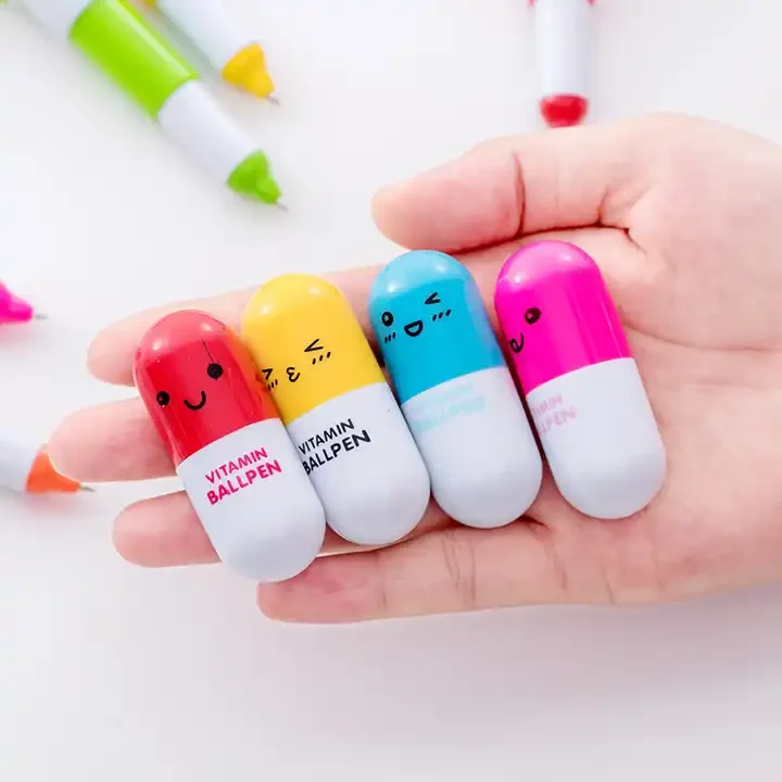 Promotional cheap kawaii capsule pen medicine shape ball pen for advertising with cute face printing