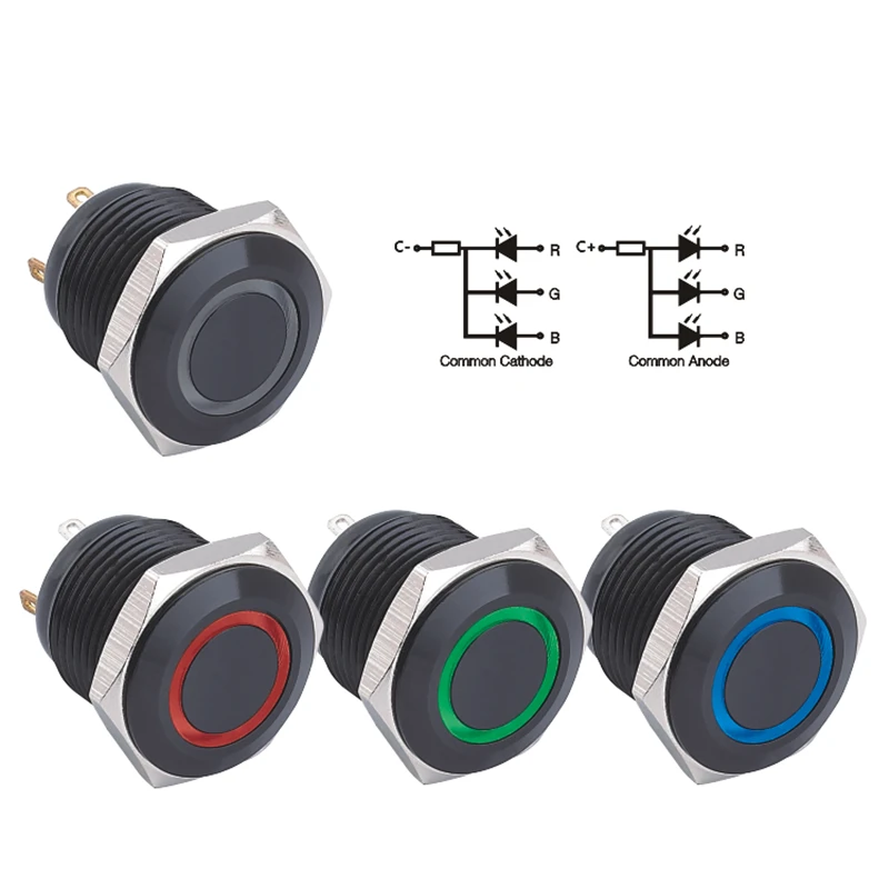 ELEWIND 16mm Black RGB color ring illuminated push button switch(PM161F-10E/J/RGB/12V/A 4pins for led)