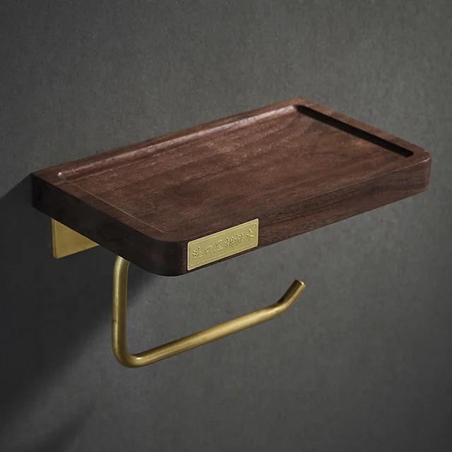 MC005-B1 Wall Mounted Imported Walnut Brushed Gold finishing Wooden toilet Tissue Paper Holder with shelf
