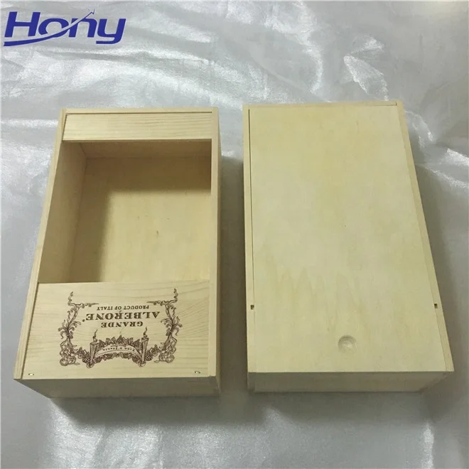 Natural Wood Double Bottles Wine Box with Slide Lid and Removable Divider Decorative Wooden Wine Gift Box Packaging Storage Case