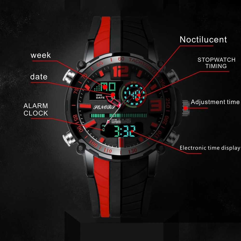 Наружные водонепроницаемые мужские часы с двойным дисплеем, спортивные мужские цифровые часы со светодиодной подсветкой