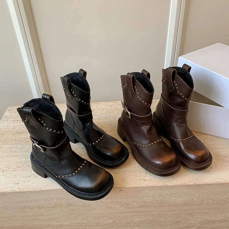 Adult custom ladies retro niche leather boots fashion mature new square head metal buckle rivet boots