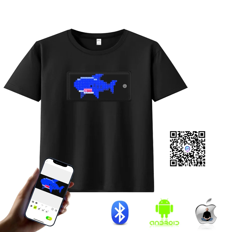 APP Programmable Light Up T-Shirt Black LED Flashing text gif DIY clothes Festival Short Sleeve LED T Shirt