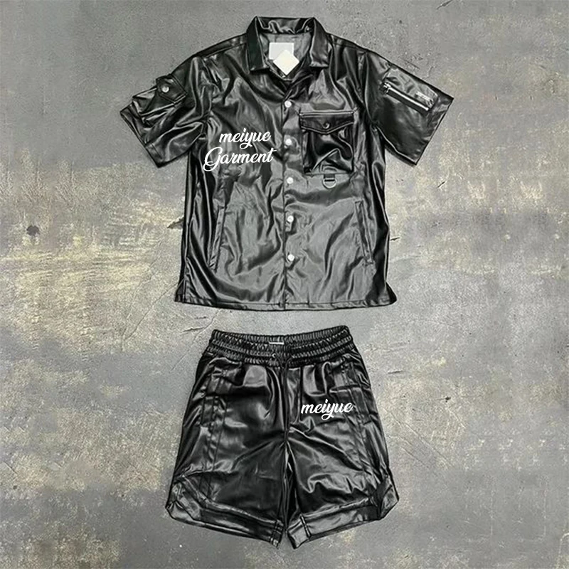 Custom Leather Polo Shirts Shorts 2 Piece Set Sweatsuits Button Up Polo T Shirt Drawstring Cargo Shorts Pants Tracksuits For Men