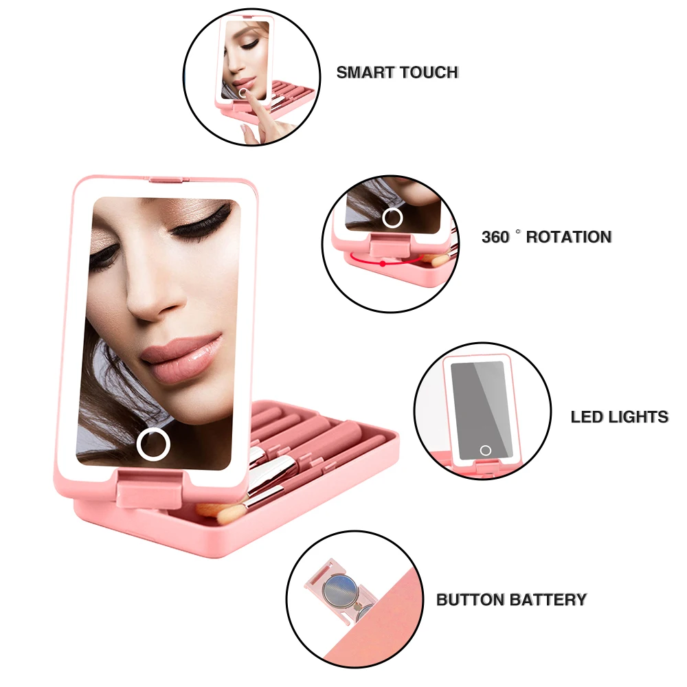 Hot Custom Foldable Single Side Pink Square Plastic Portable Make up Chassis Storage touch switch Vanity Brush LED Mirror Set