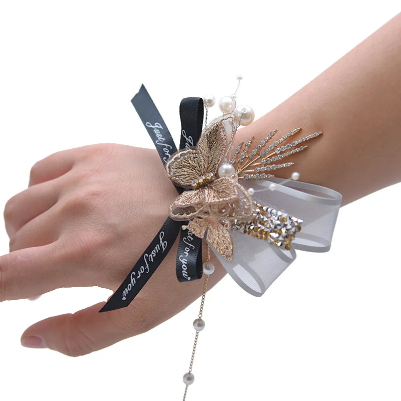 Luxury Butterflies Silk Ribbon Artificial Flowers Bracelet Wedding Accessories Bridal Bridesmaid Corsage Wrist Flower