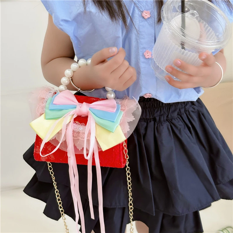 Fashion Bow Knot Handbag Mini Coin Purse Kids Sling Bag Exquisite Pearl Tote Bags Girls