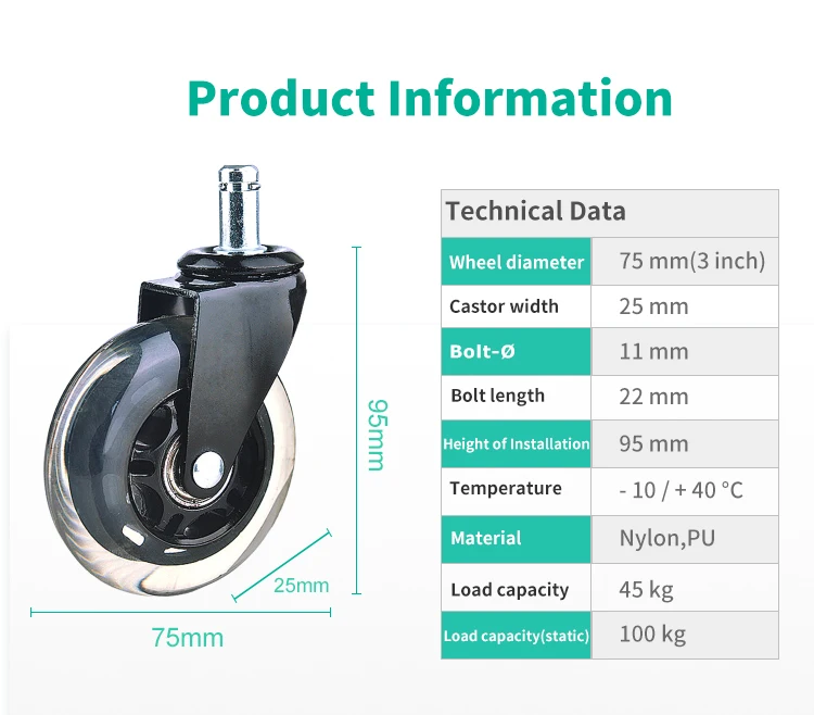 Бесшумный Гладкий 3-дюймовый 11/22 стержень прозрачный ролик полиуретановый поворотный офисный стул колесики для стула