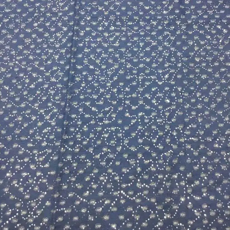 New design polyester sequin perforated Hollow stretchable embroidered cotton denim fabric for clothes
