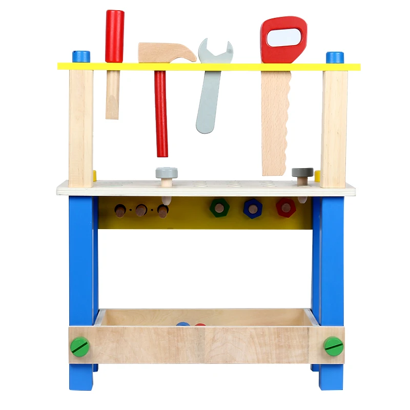 
2020 new trending wooden assembling wooden tool box toy workbench Wholesale role play tool shelf and table toys 