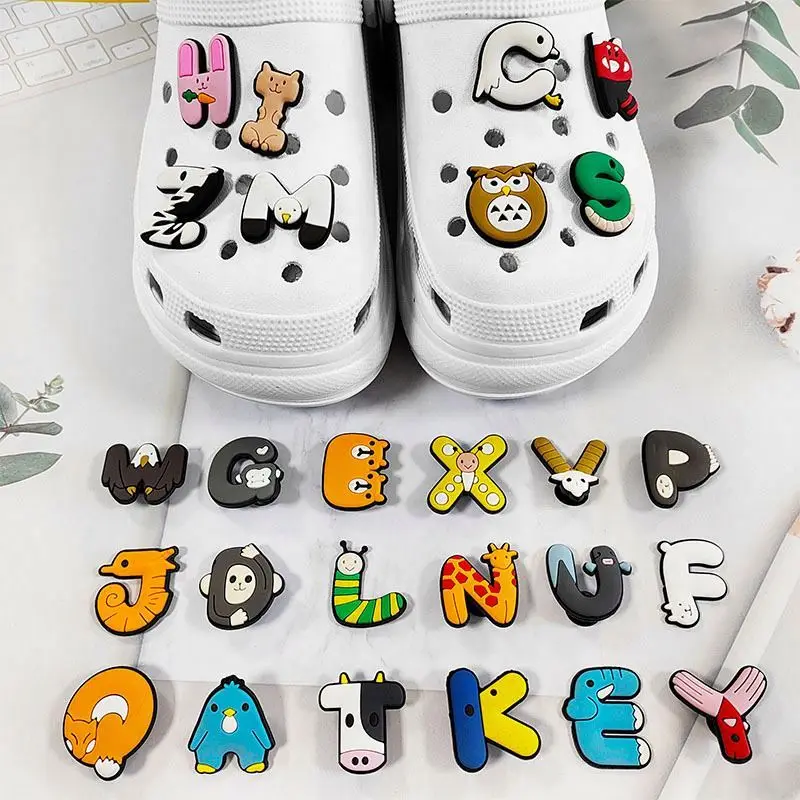 26 black and white English letters Pvc shoe charms for  Cartoon Shoe Charms for Clog Shoes Decorations Bracelet Wristband Party