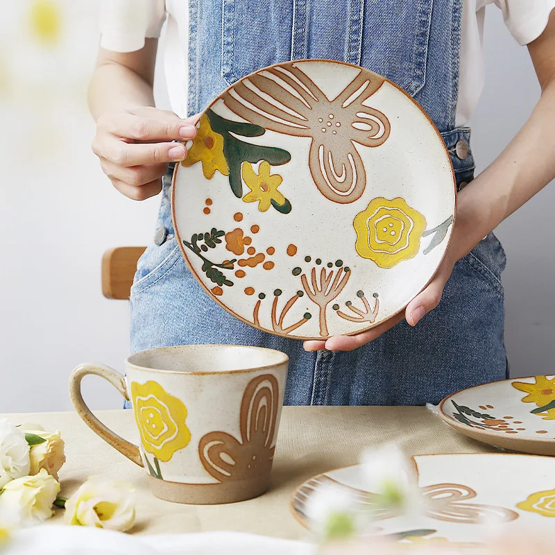 Hand-painted ceramic tableware coarse mug ceramic plate ins flowers hand-painted dishes set