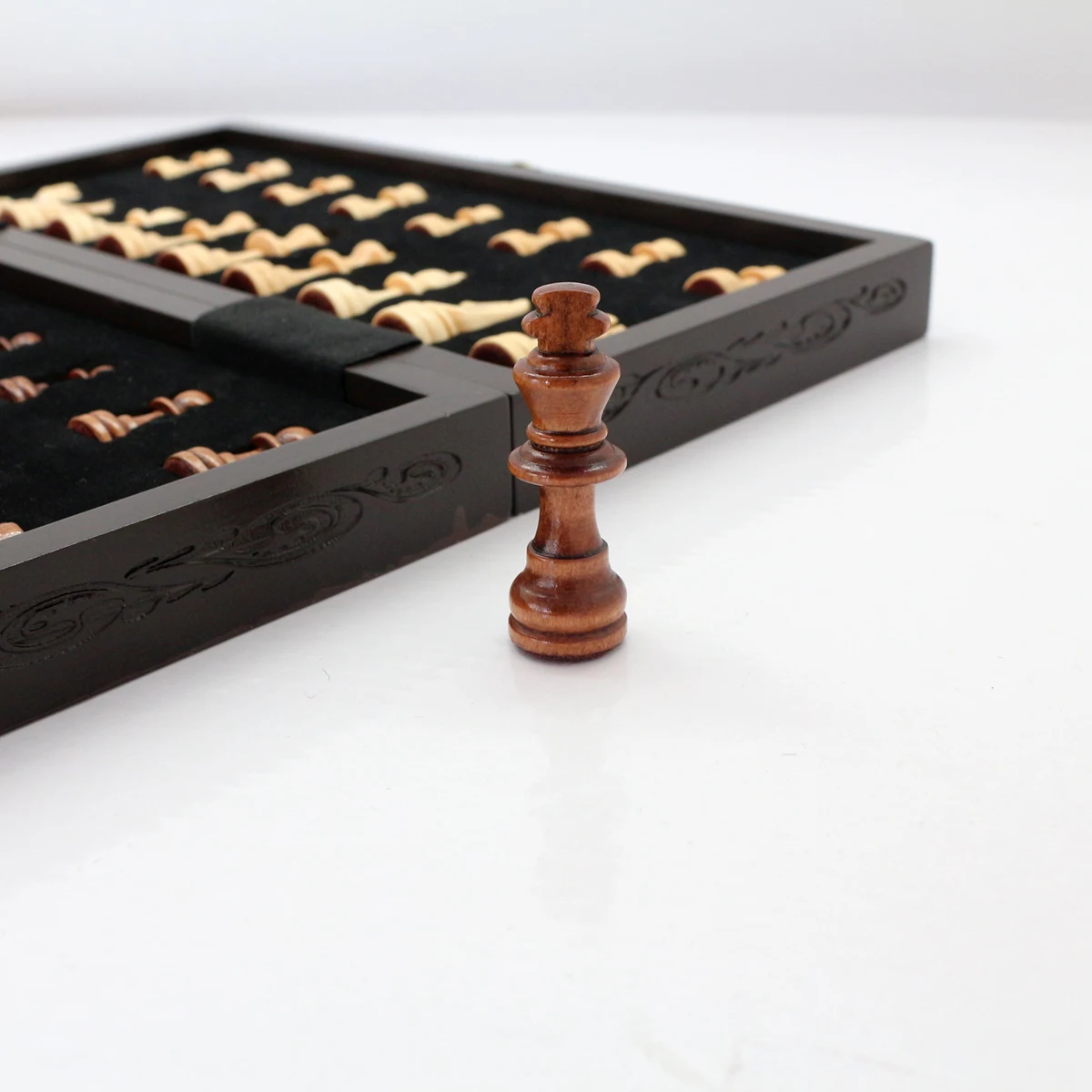 Scrollwork on Sides Chess Set 11.4' Magnetic Wooden Chess Game Set Elegant Chess Box with Gold Accents