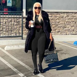 Fashion Plus Size Women Clothing Trendy Sweater Sexy Jogger Set Women Faux Fur Crop Top Tracksuit Sweatshirt Two Piece Pants Set