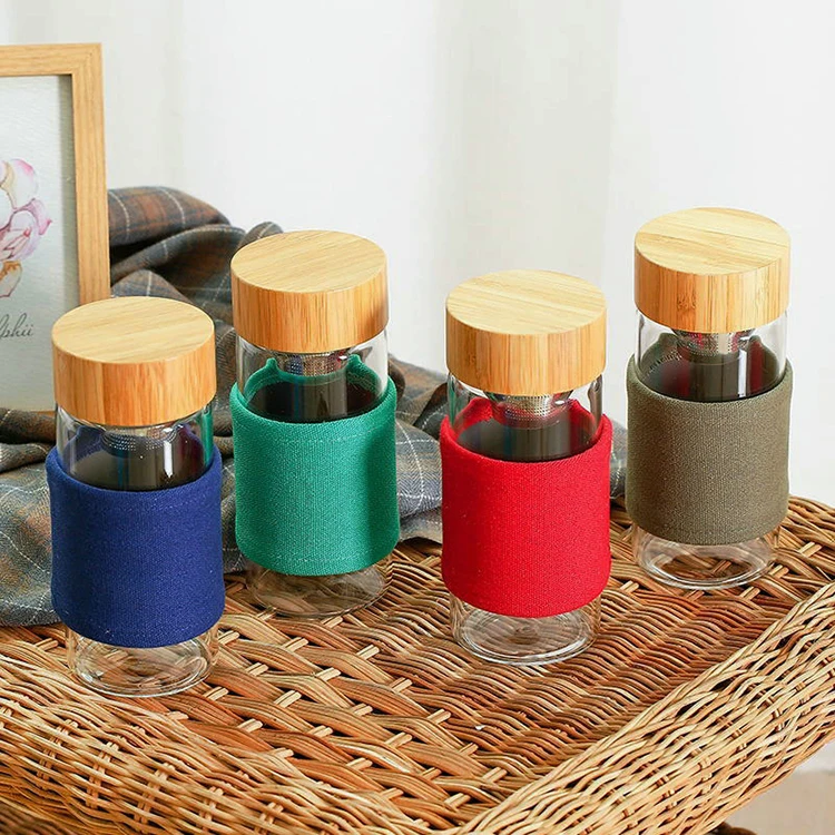 Eco Friendly  Width Mouth Glass Table Water Drink Bottle With Bamboo Lid